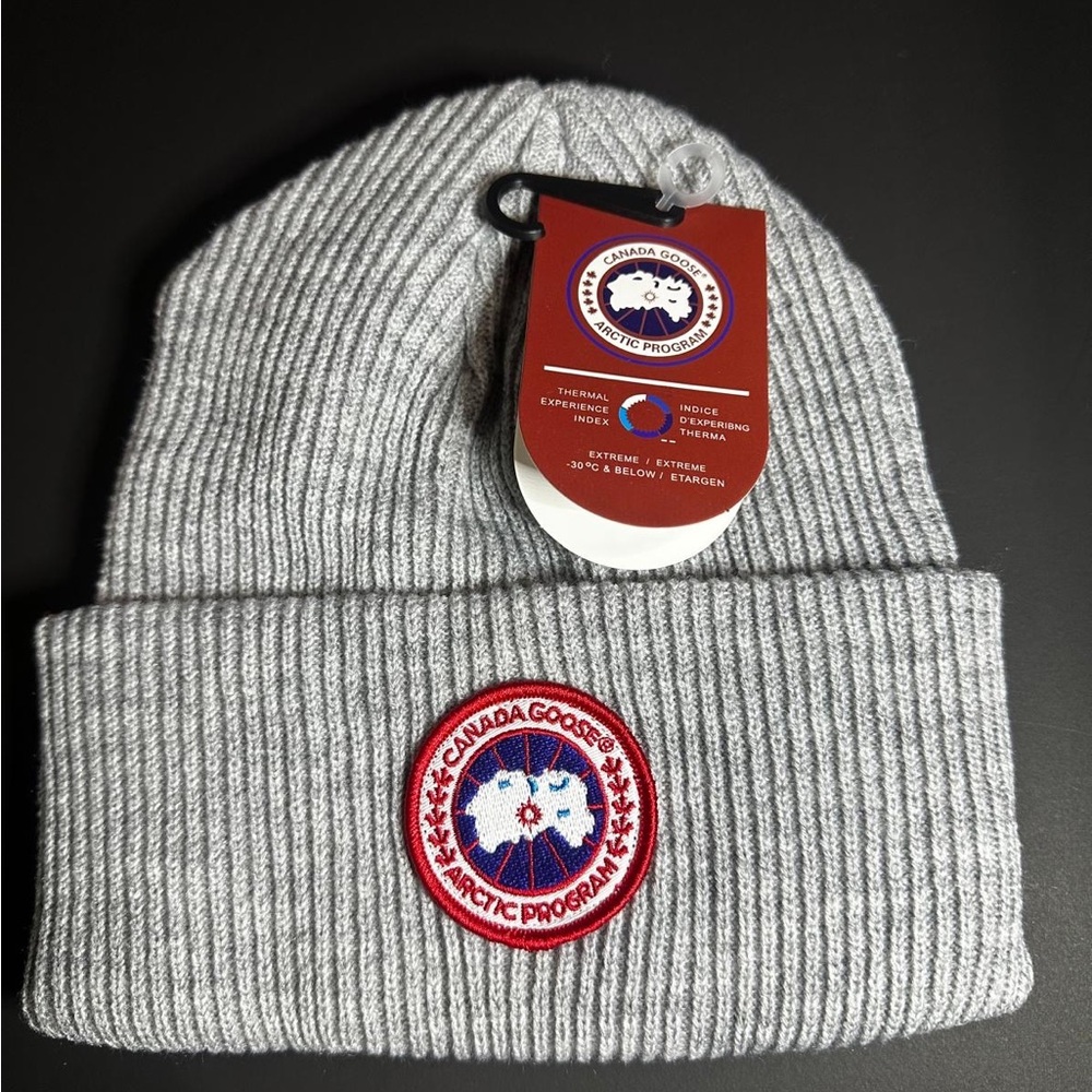 Canada Goose Beige Ribbed Cuff Beanie with Arctic Program Patch